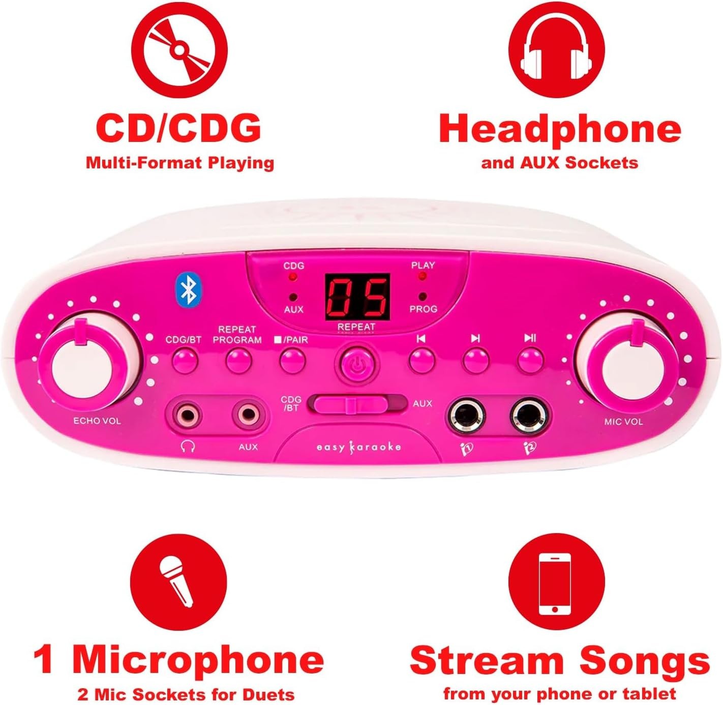 Pink Bluetooth Karaoke Machine with Mic AUX MP3 Headphone Jack