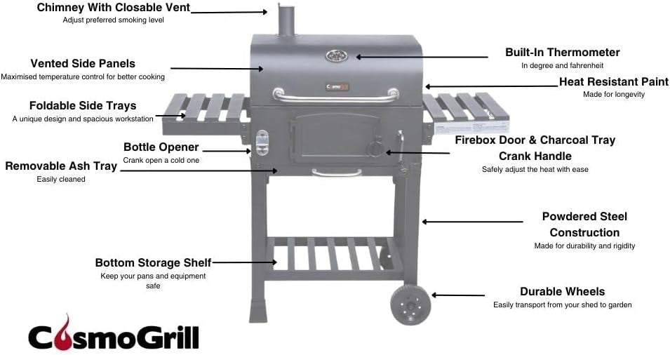 XL Smoker BBQ Grill Outdoor | Adjustable Charcoal Pan | 2 Folding Tables