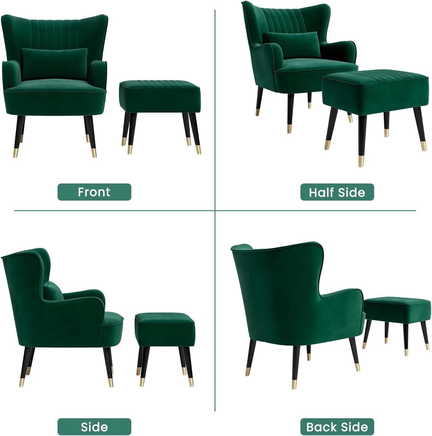 Velvet Wingback Armchair w/ Ottoman & Pillow Green Lounge Chair Home