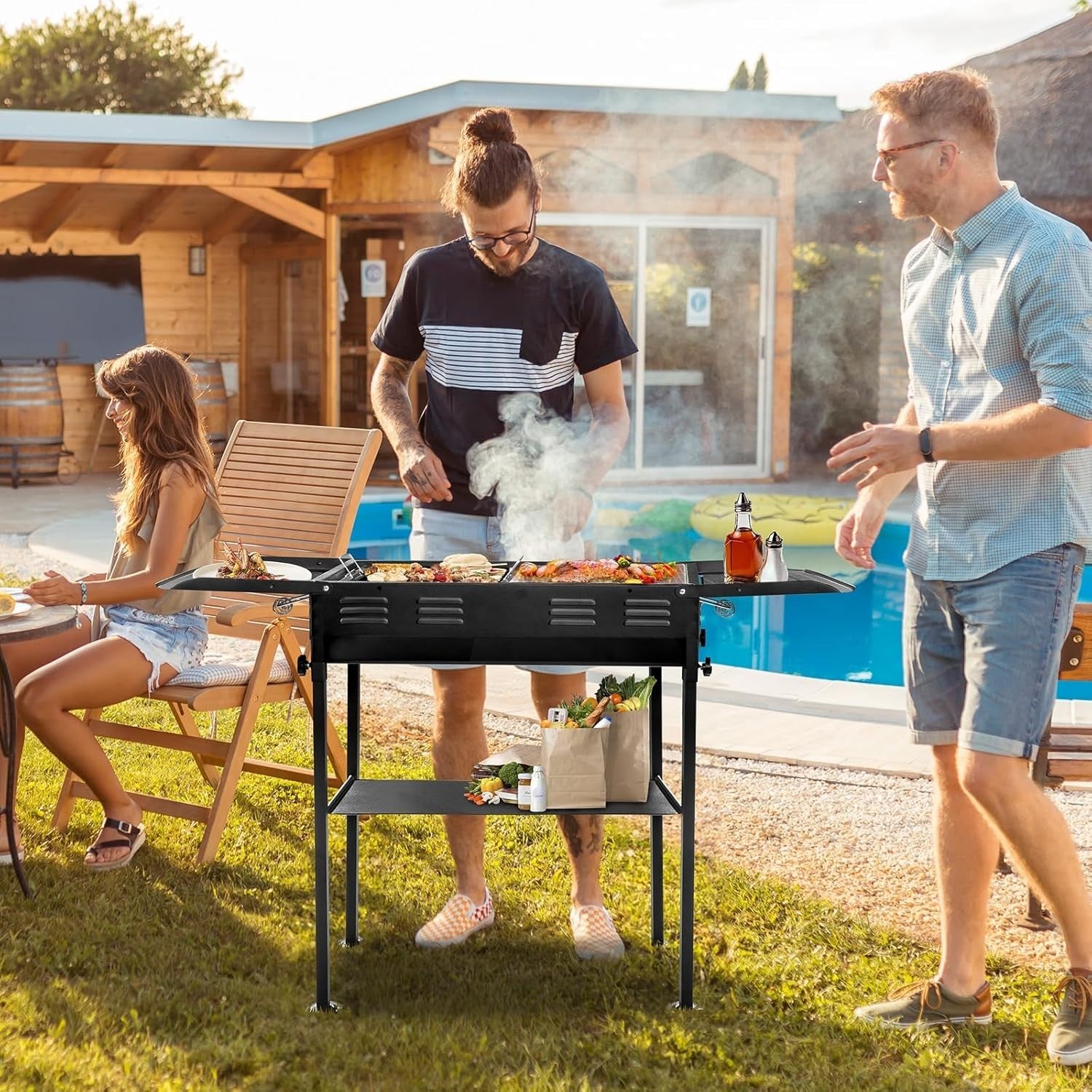 Portable Charcoal BBQ Grill with Height Adjustment, Kebab Slots & Carry Bag