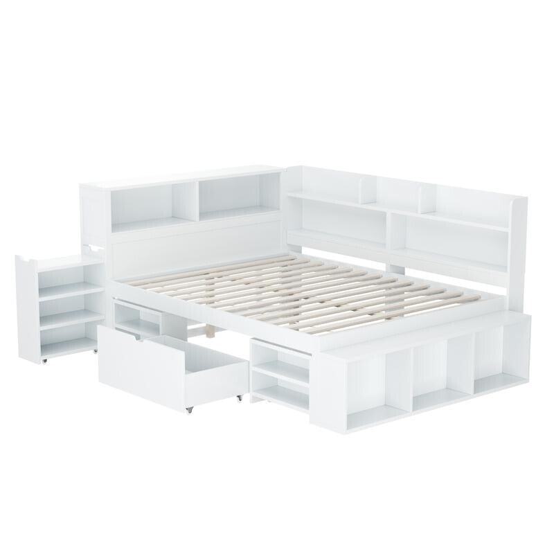 Kids Double Bed with Storage Drawers Bookcase Shelves 4ft6 White 135x190cm