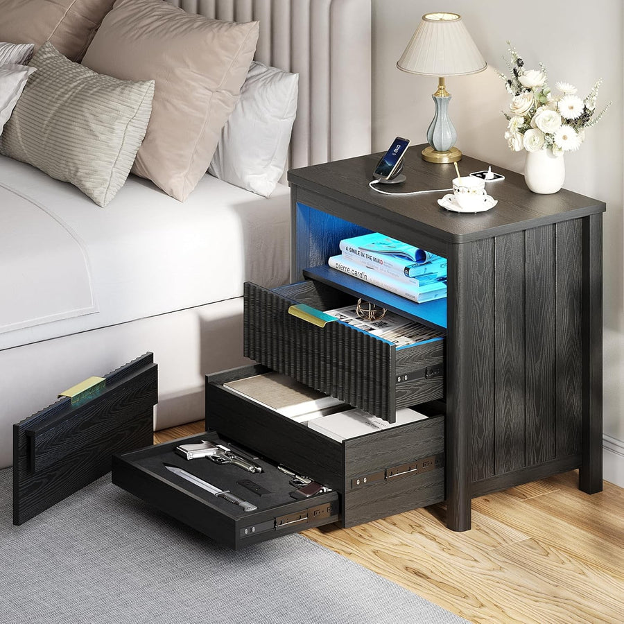 24" Wide Black Bedside Table with Charging Station, LED Light & 3 Drawers