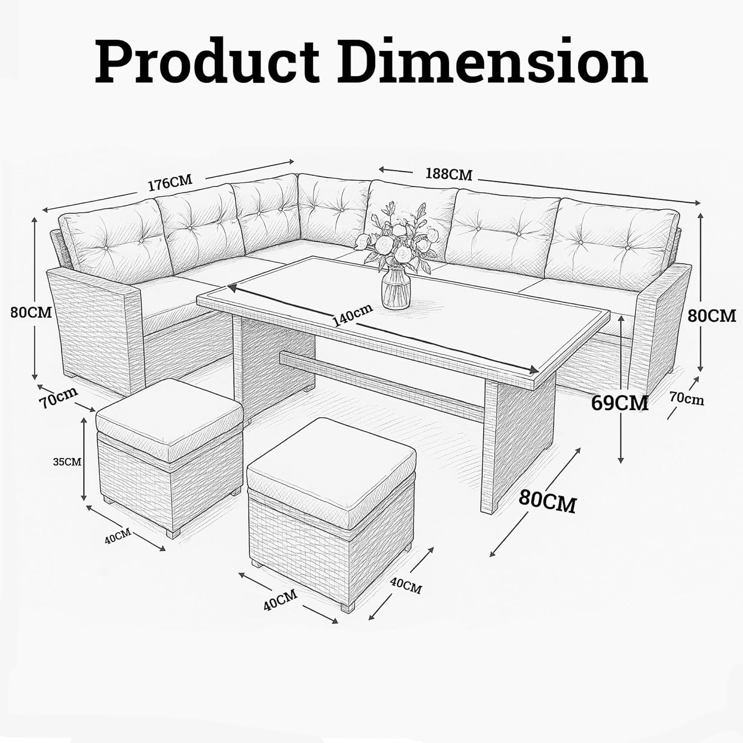 7 Seat Rattan Corner Sofa Dining Set w/ Cushions, Table & Footstools Outdoor