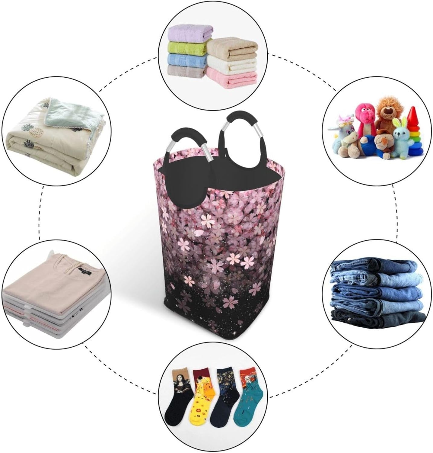 50L Cherry Blossom Laundry Basket Foldable Floral Hamper with Handles Pink
