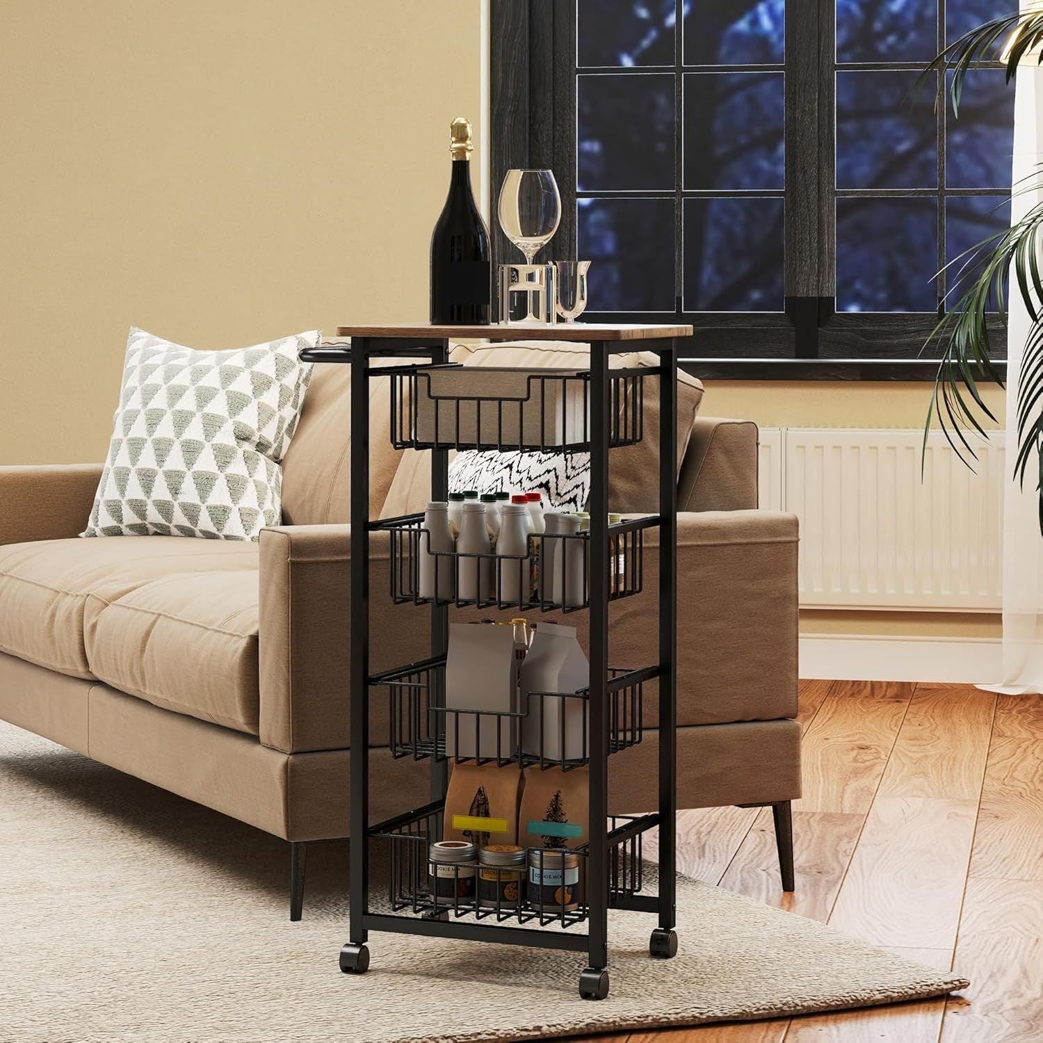 4 Tier Rolling Kitchen Storage Trolley Cart Mesh Baskets Oak