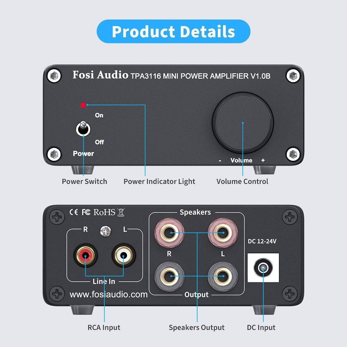 2 Channel HiFi Stereo Amplifier 50W x2 | Class D Mini Audio Amp RCA Input | 19V