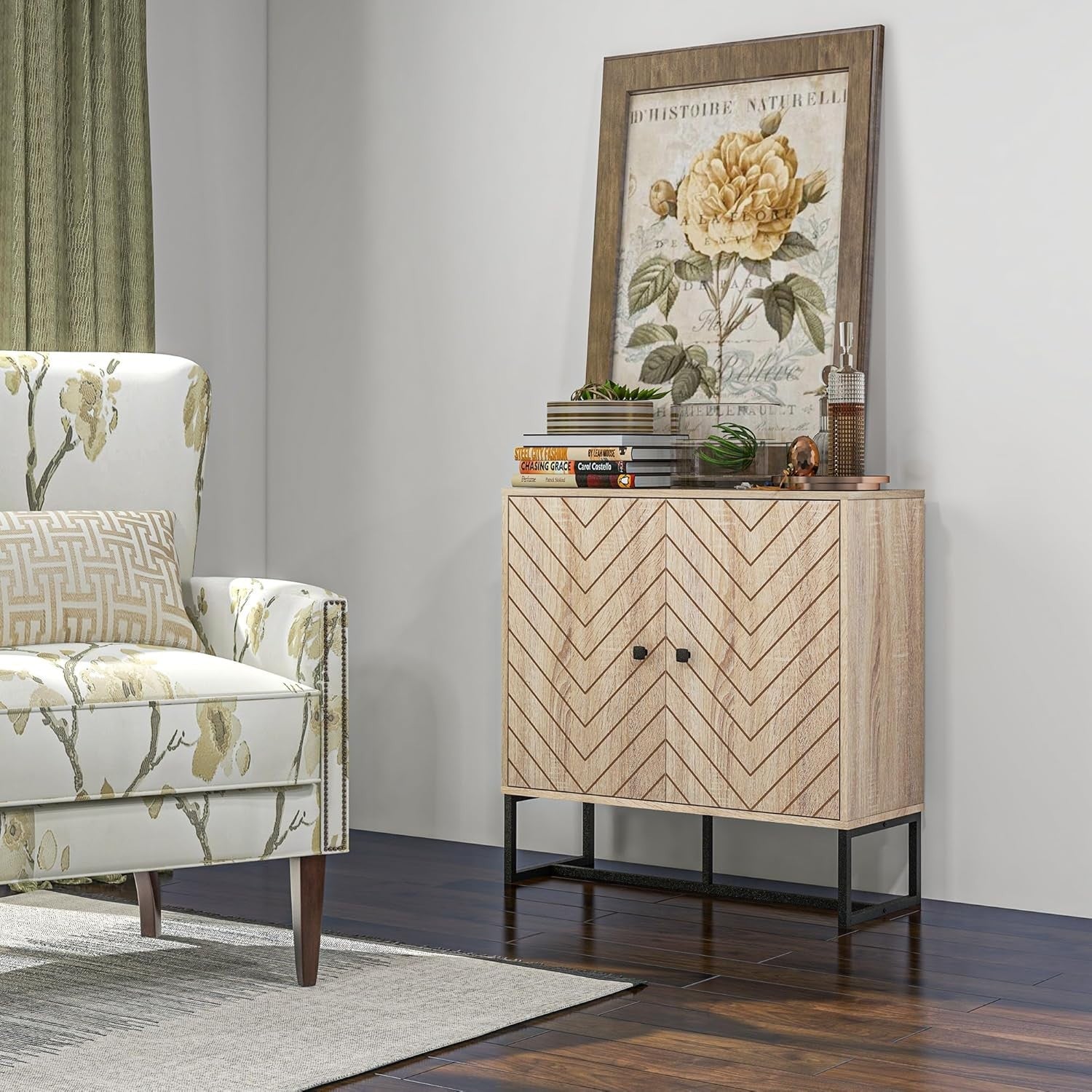 Modern Storage Cabinet with Adjustable Shelf Metal Base 2 Door Sideboard