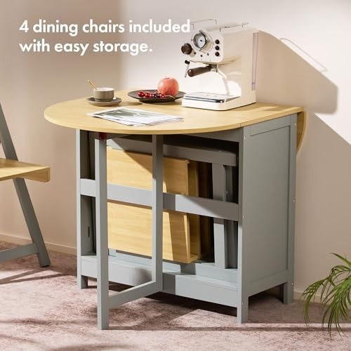 Foldable Dining Table & 4 Chairs 120cm Drop Leaf Grey Wood Set