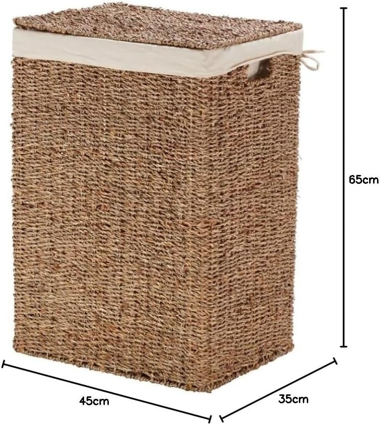 Seagrass Rattan Laundry Hamper with Lid 45x35x65cm Handwoven Basket Brown