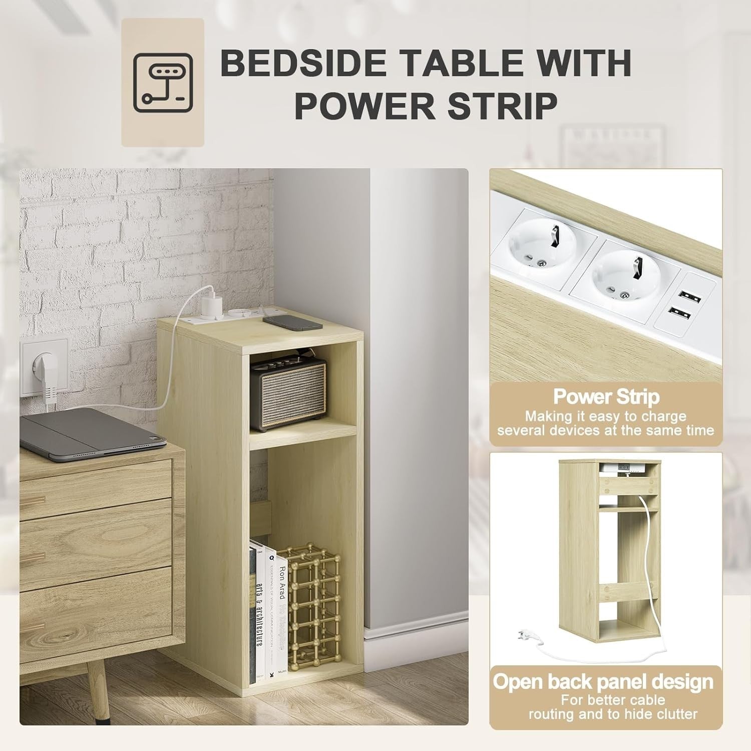 Set of 2 Bedside Tables with USB Ports & Power Sockets – Light Oak Nightstands