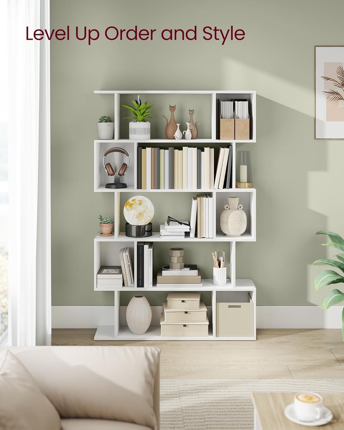 5 Tier S Shaped Bookcase  Matte White Bookshelf Storage Unit 90cm Wide