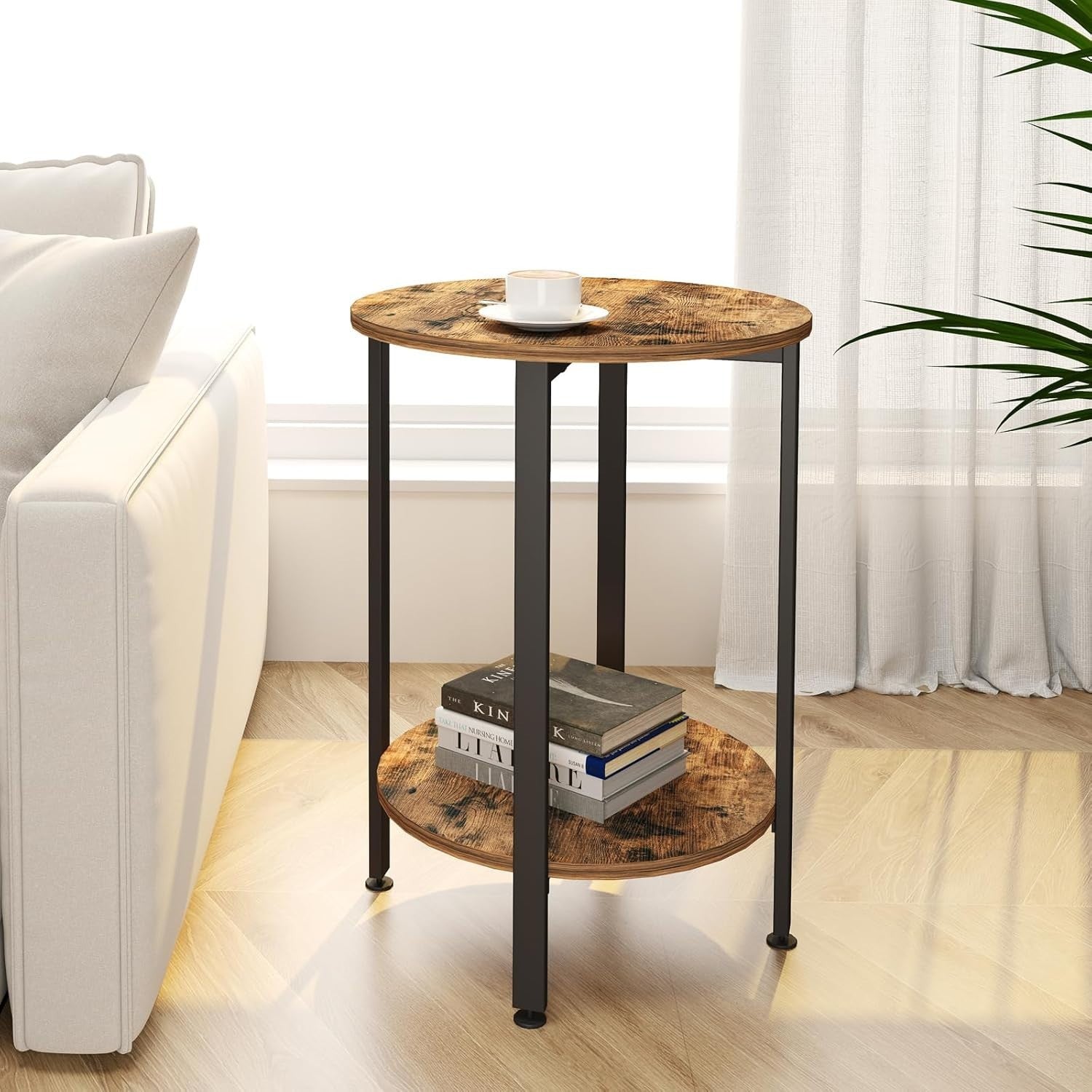2-Tier Round Side Table with Storage, Rustic Brown Metal Frame End Table