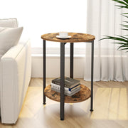 2-Tier Round Side Table with Storage, Rustic Brown Metal Frame End Table