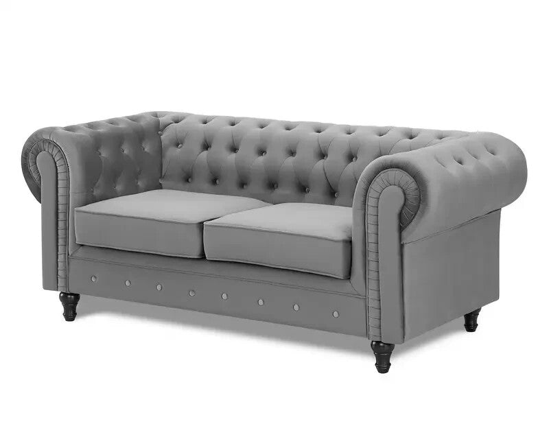 Grey Chesterfield Velvet 2 Seater Sofa Tufted Scroll Arm Classic Couch
