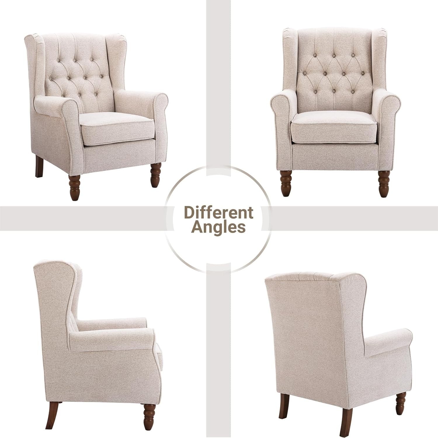 Mid‑Century Modern Wingback Accent Chair Set of 2 – Beige Upholstered Armchairs