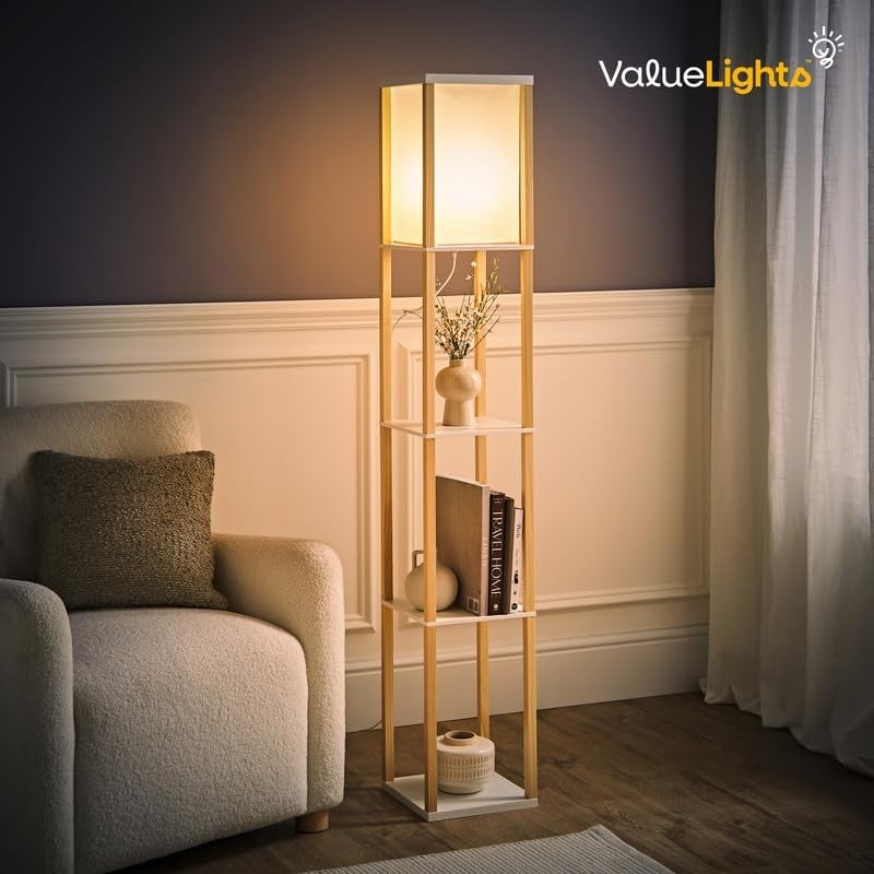 Wooden Floor Lamp with Shelves Modern Standing Light Storage Display