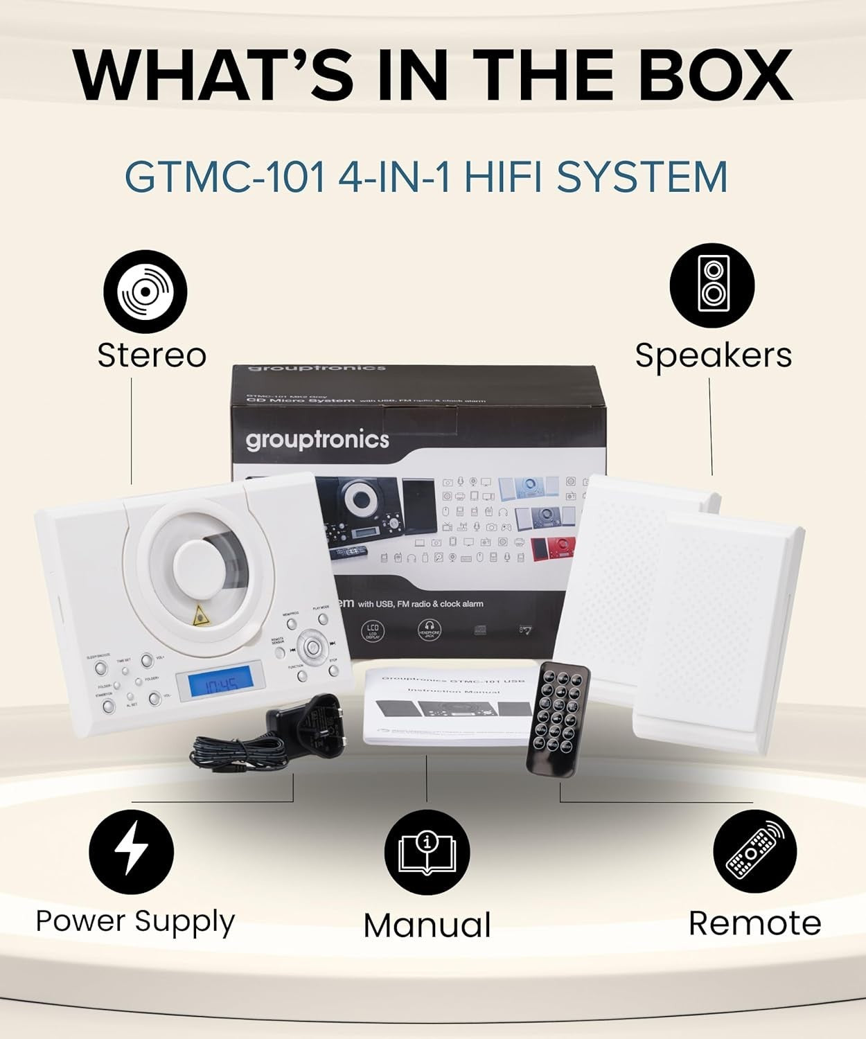 Wall Mount CD Player Stereo System USB MP3 FM Radio Alarm Remote Control White