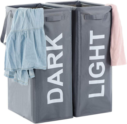 Slim Double Laundry Hamper Grey 63L Tall Basket with Handles & Foldable Design