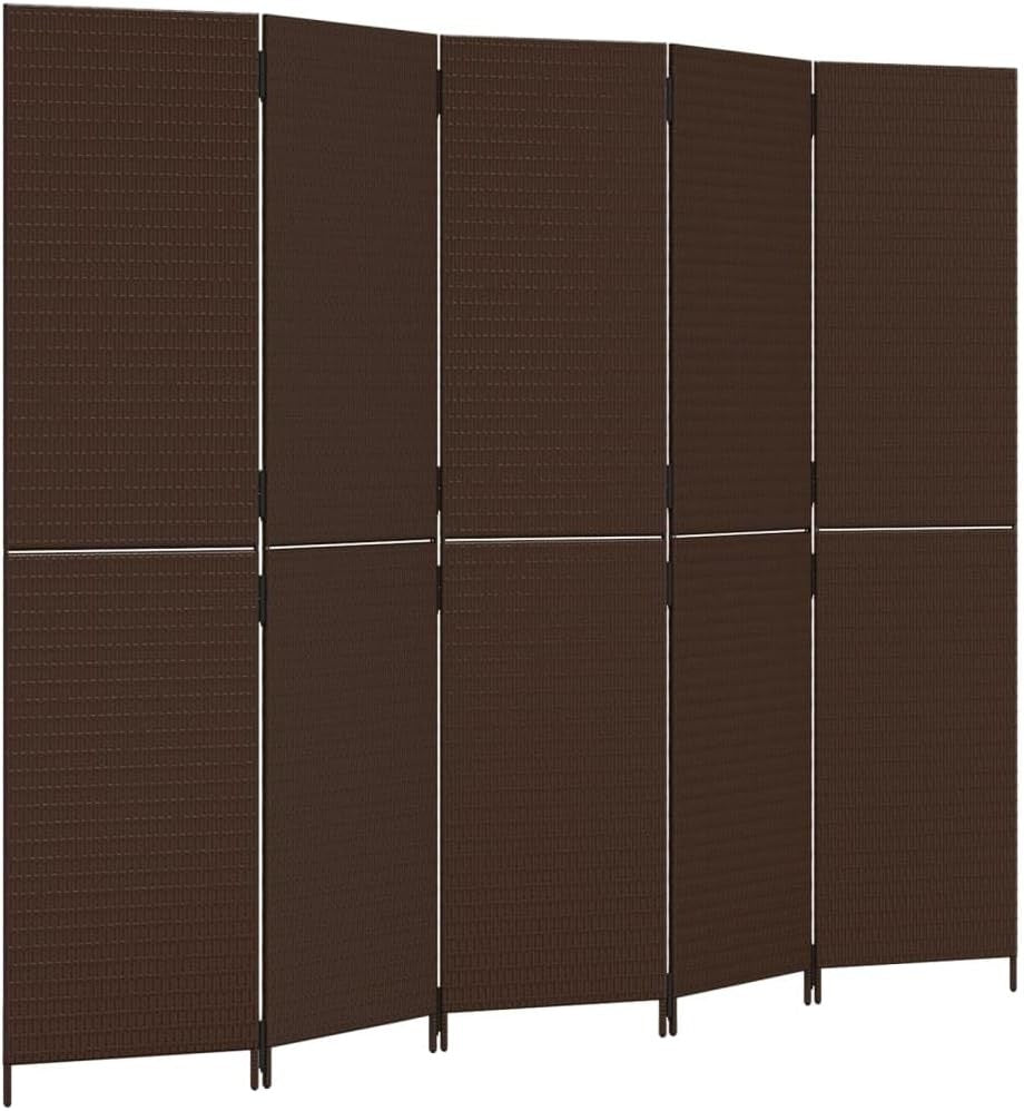 5 Panel Brown Rattan Room Divider 200cm Folding Privacy Screen Indoor Outdoor