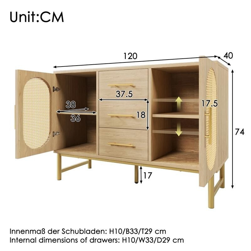 Rattan Sideboard Storage Cabinet Oak 2 Door 3 Drawer Hallway Unit
