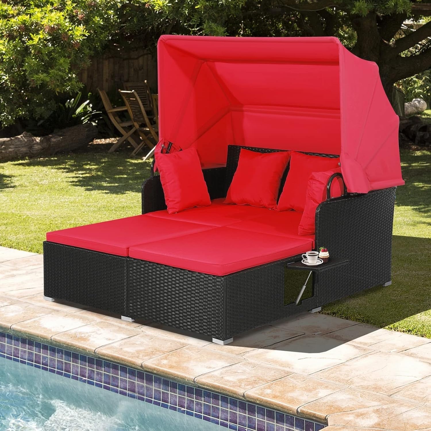 Red 2-Seater Rattan Outdoor Daybed with Retractable Canopy, Cushions & Tables
