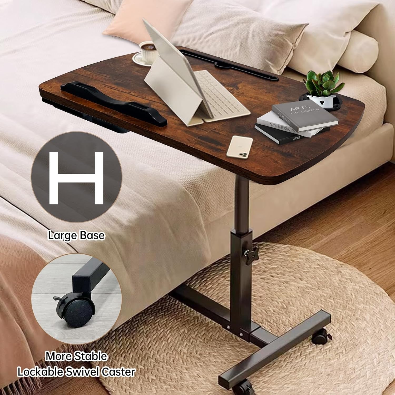 Overbed Table Laptop Desk Adjustable Height Rolling Bedside Stand with Tilt Top