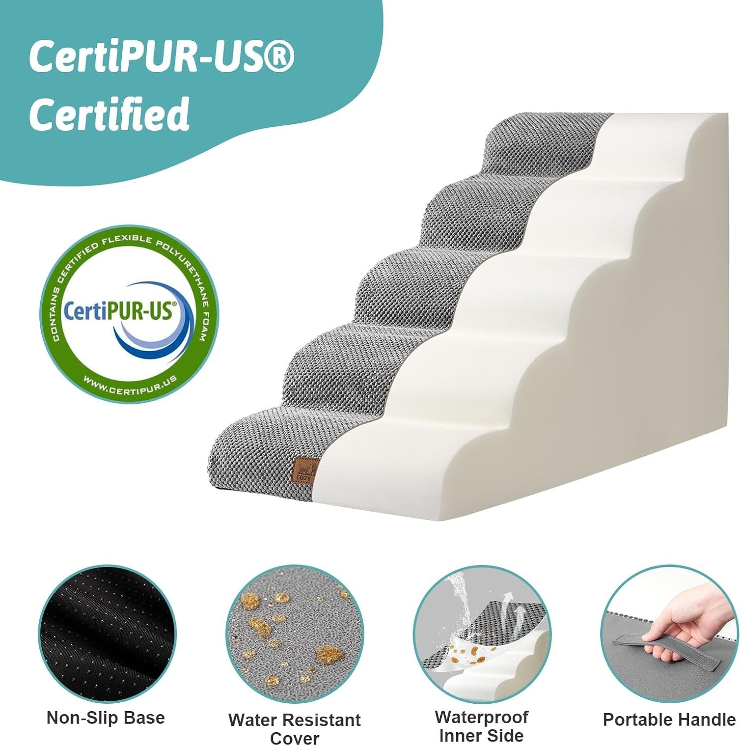 Dog Stairs for Small Dogs 5 Step Foam Pet Ramp Bed Sofa Grey
