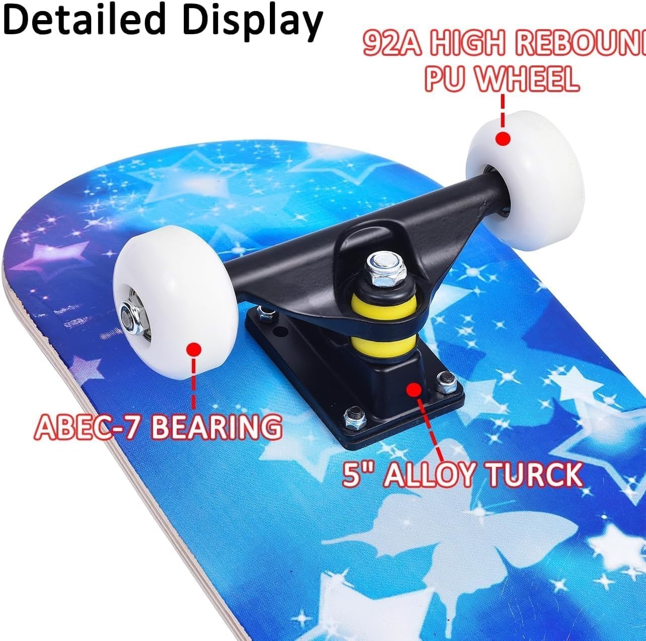31in Beginner Skateboard Double Kick Maple Deck Blue Star Kids Adults + Tool