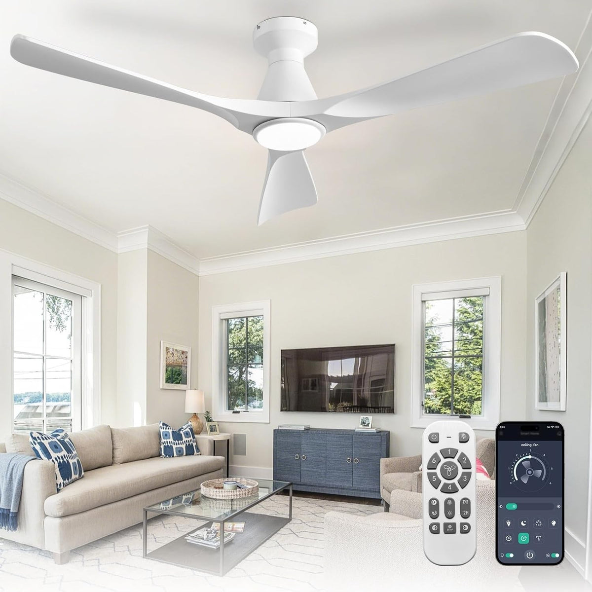 52-Inch White Ceiling Fan with Light, Quiet DC Motor, Remote Control