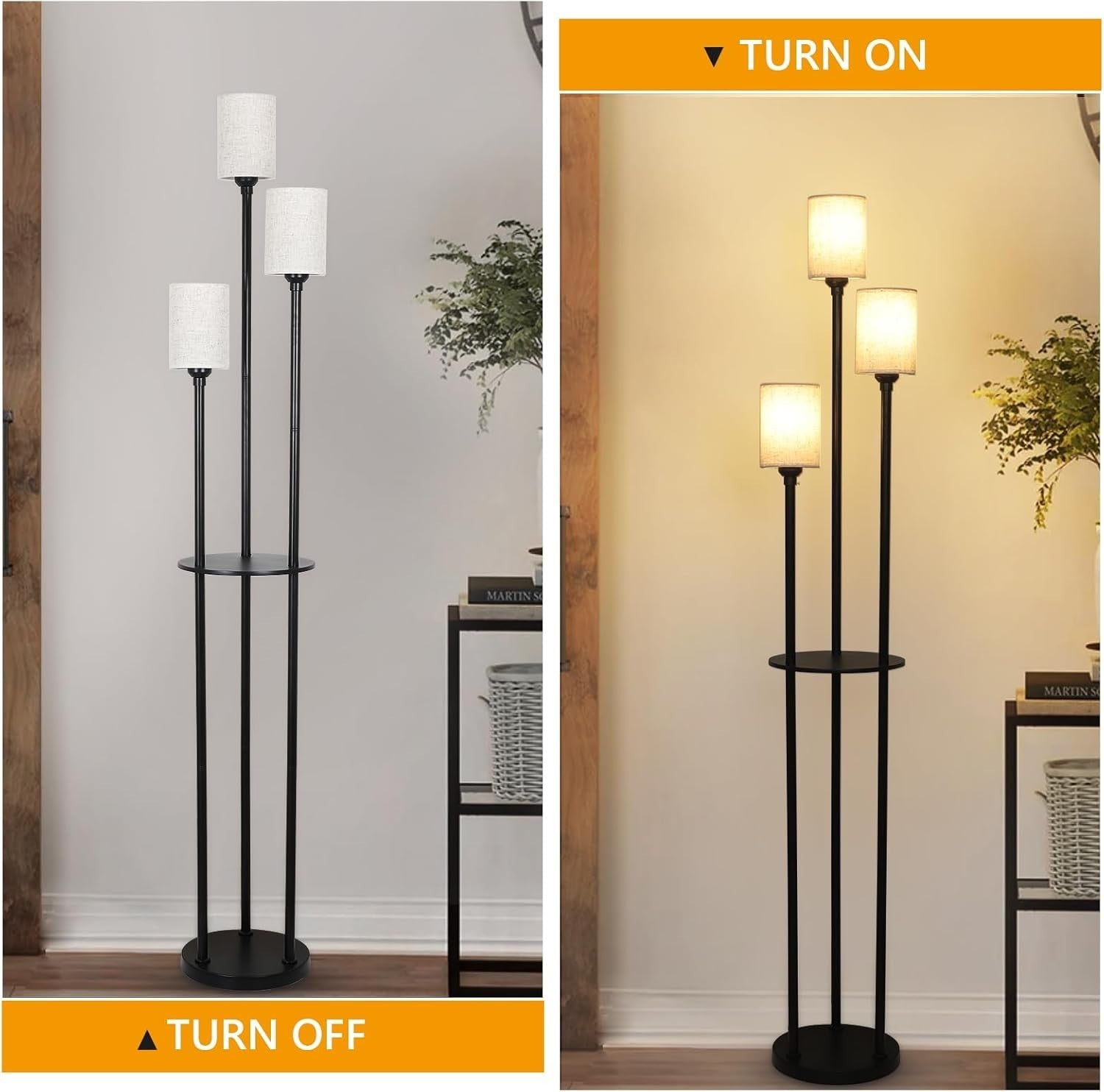 Modern 3-Light Floor Lamp with Shelves, Linen Shades & Foot Switch, 79" Tall