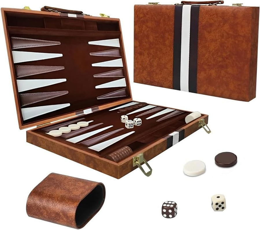 15 Inch Backgammon Set Leather Case Portable Board Game Dice Cups