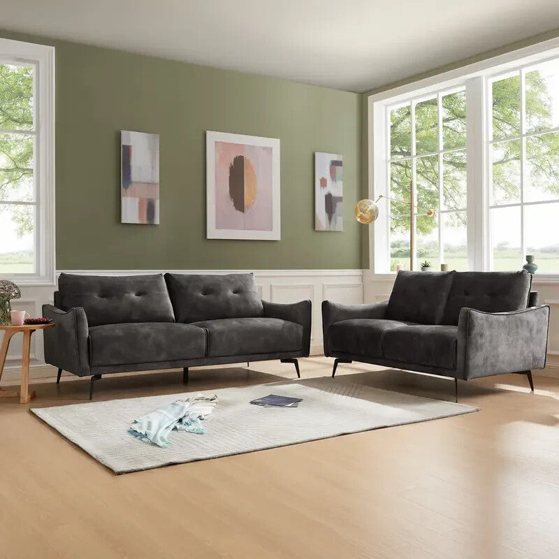 Steel Grey Velvet 2 Seater Sofa | Modern Tufted Couch w/ Metal Legs