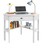 White Corner Desk 106cm L-Shaped Table with Drawer & Shelves for Small Room