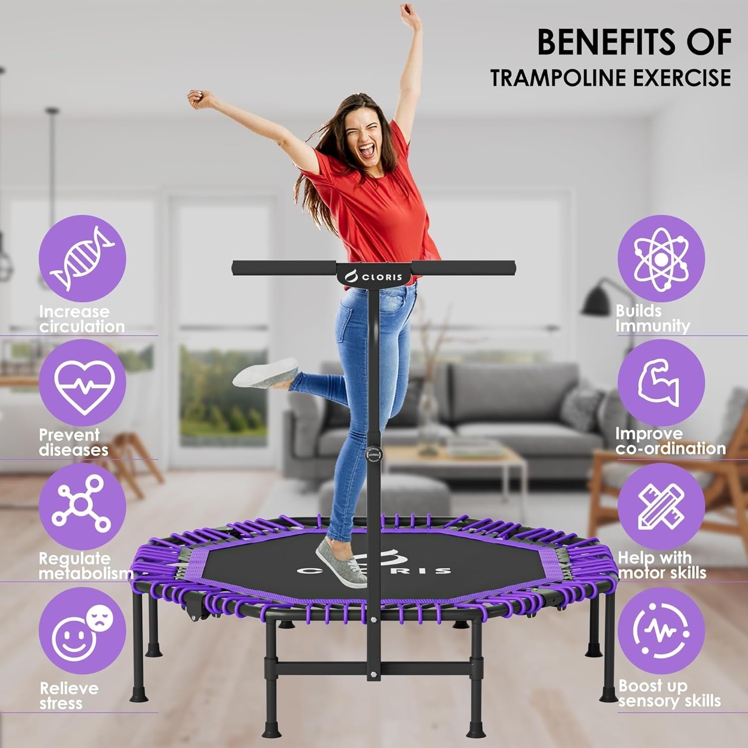 48” Folding Fitness Trampoline Rebounder Adjustable Handle 450lbs