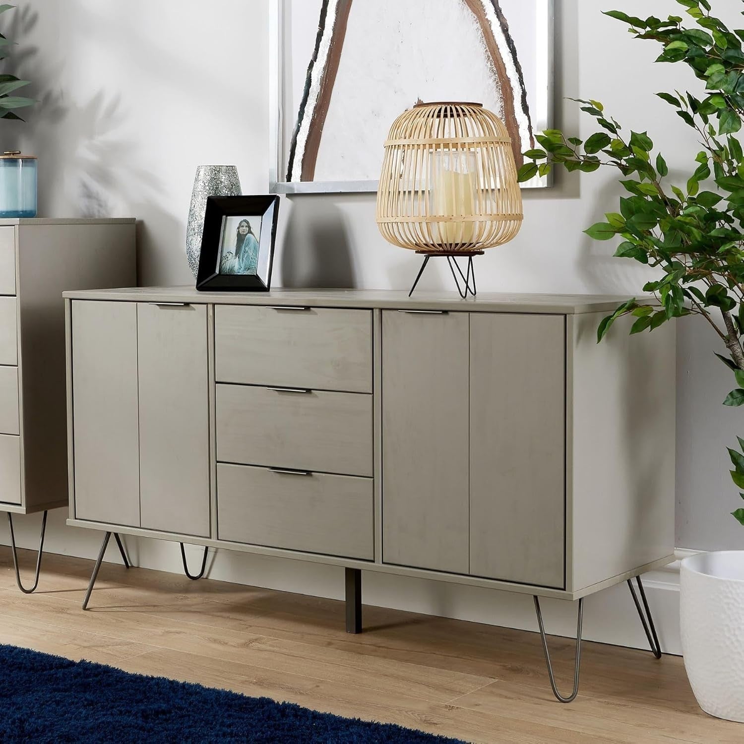 Grey Sideboard Cabinet 3 Drawers 2 Doors Metal Legs Modern Storage Unit