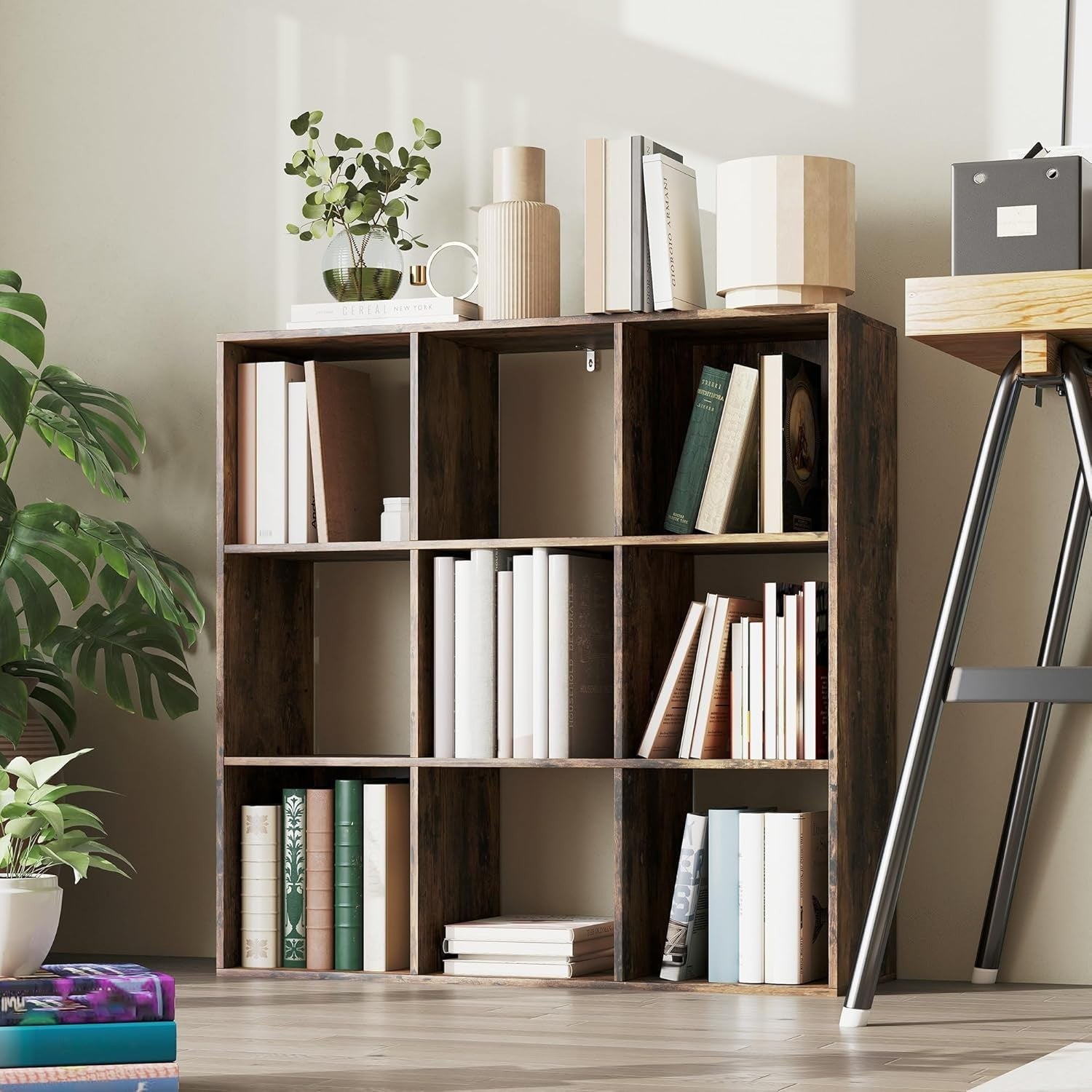3 Tier Rustic Brown Cube Bookcase Room Shelf 9 Open Storage Compartments Display