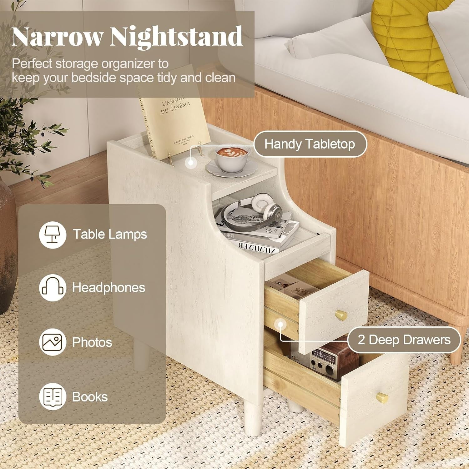 Slim White Bedside Table with 2 Drawers, Pull-Out Tray & Cable Hole, 41x20x50cm