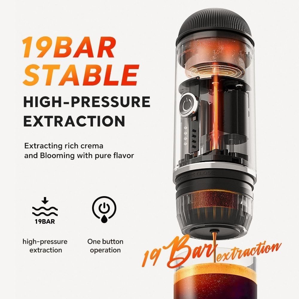 Portable Electric Espresso Maker 12V Travel Coffee Machine 19Bar Self-Heating