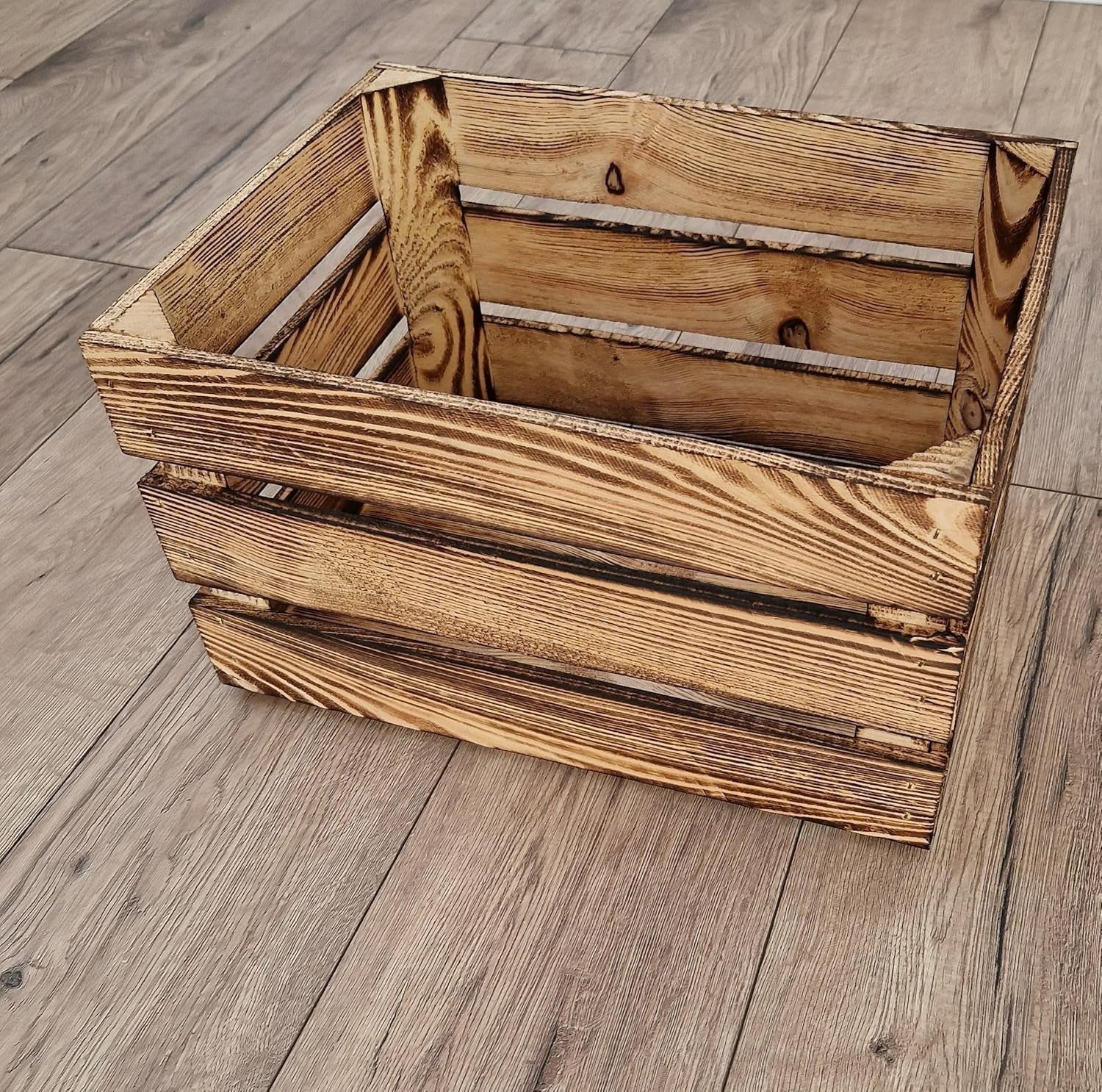 10 x Burnt Effect Wooden Crates 29x23x39cm Rustic Decorative Storage Box
