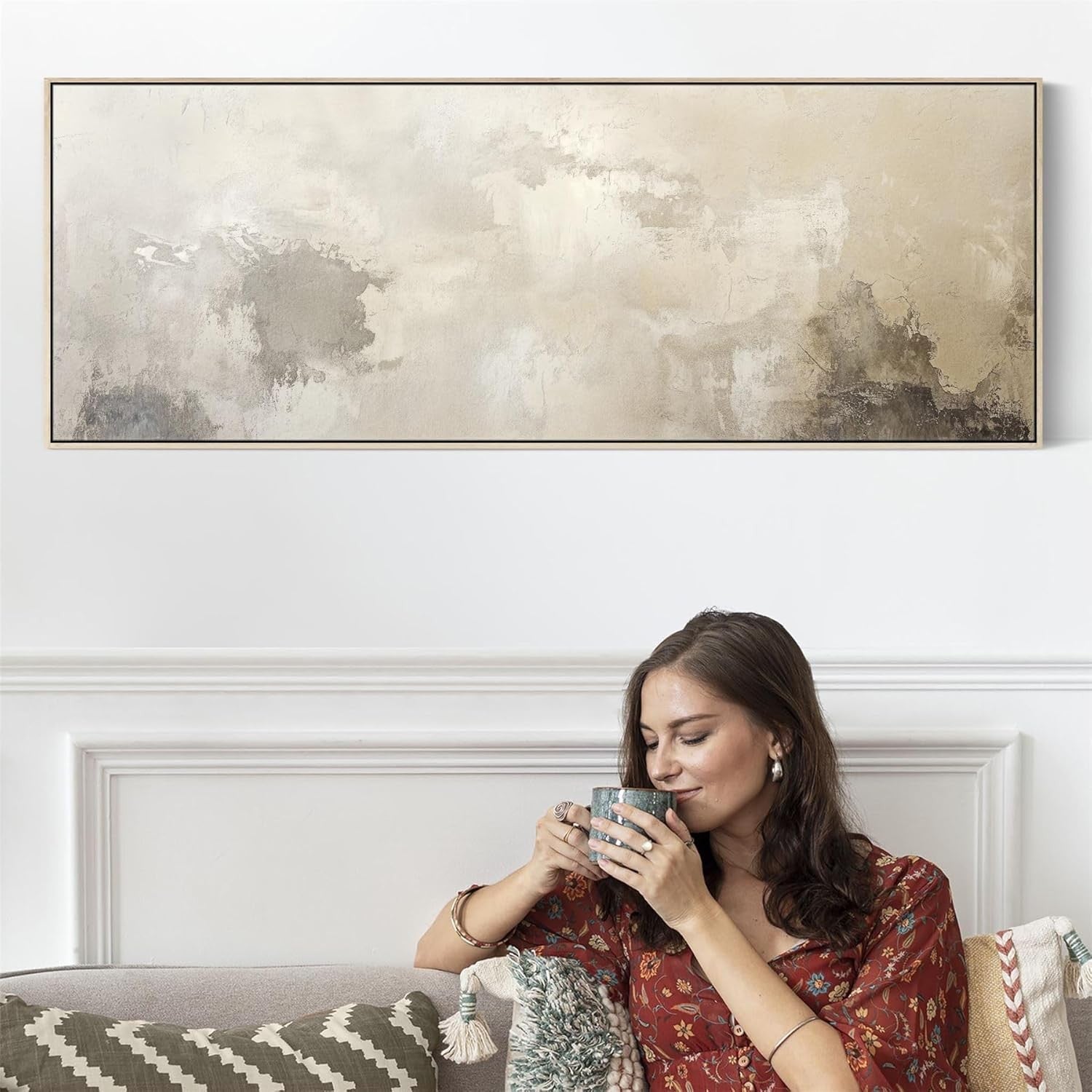 Large Beige Abstract Canvas Wall Art Framed 143x52cm
