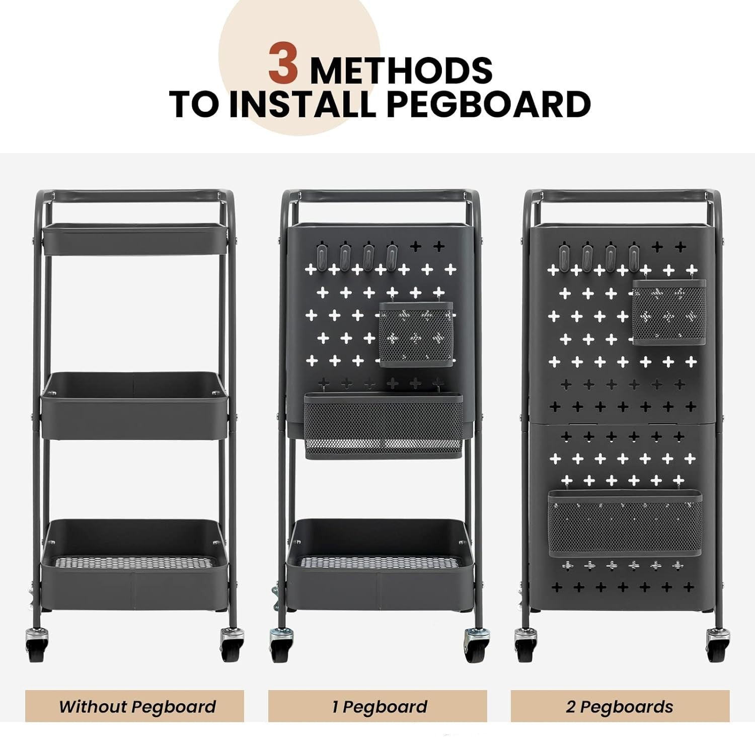 3 Tier Rolling Utility Cart Metal Storage Trolley Pegboard Organizer Grey