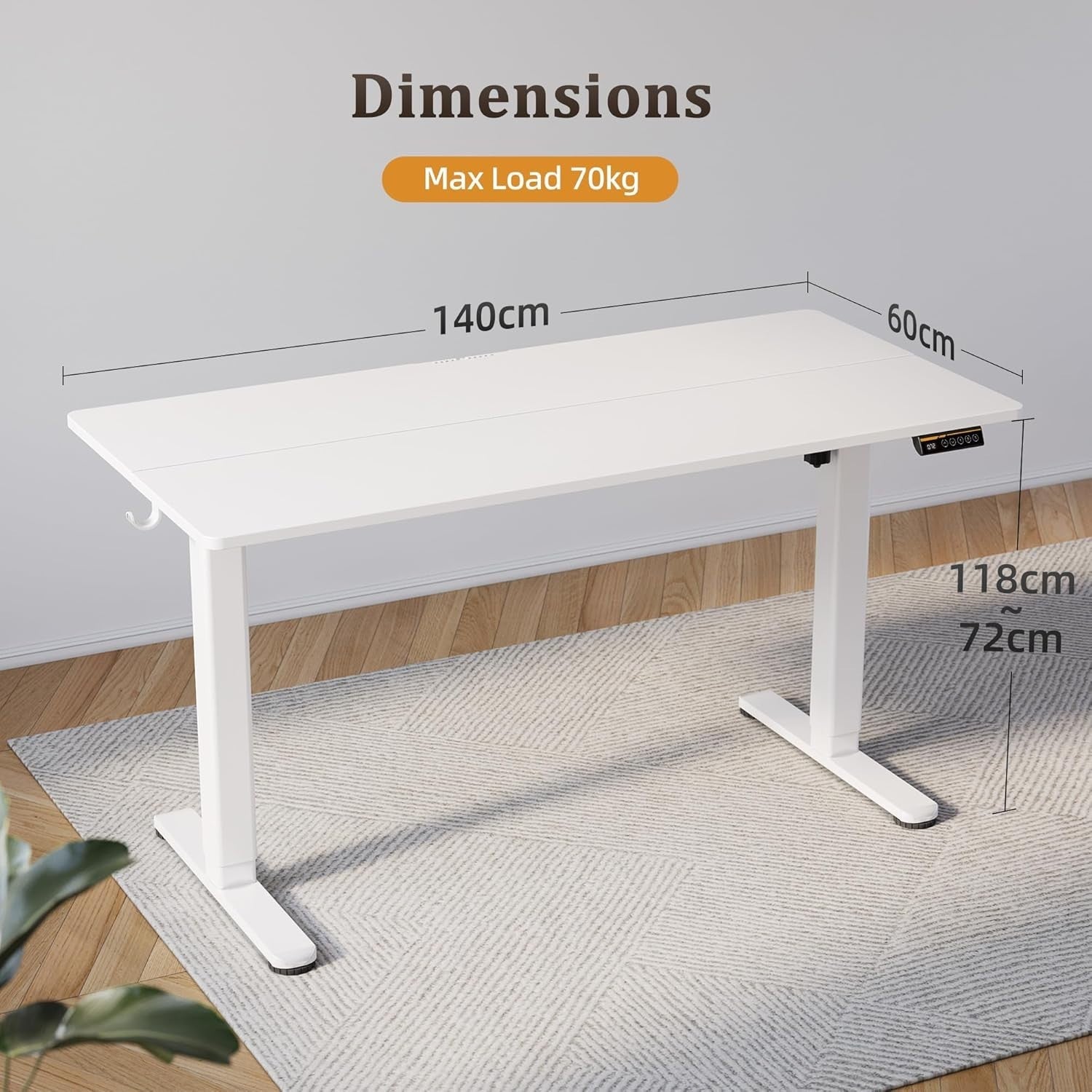 White Electric Standing Desk 140x60cm Adjustable Sit Stand Home Office Table