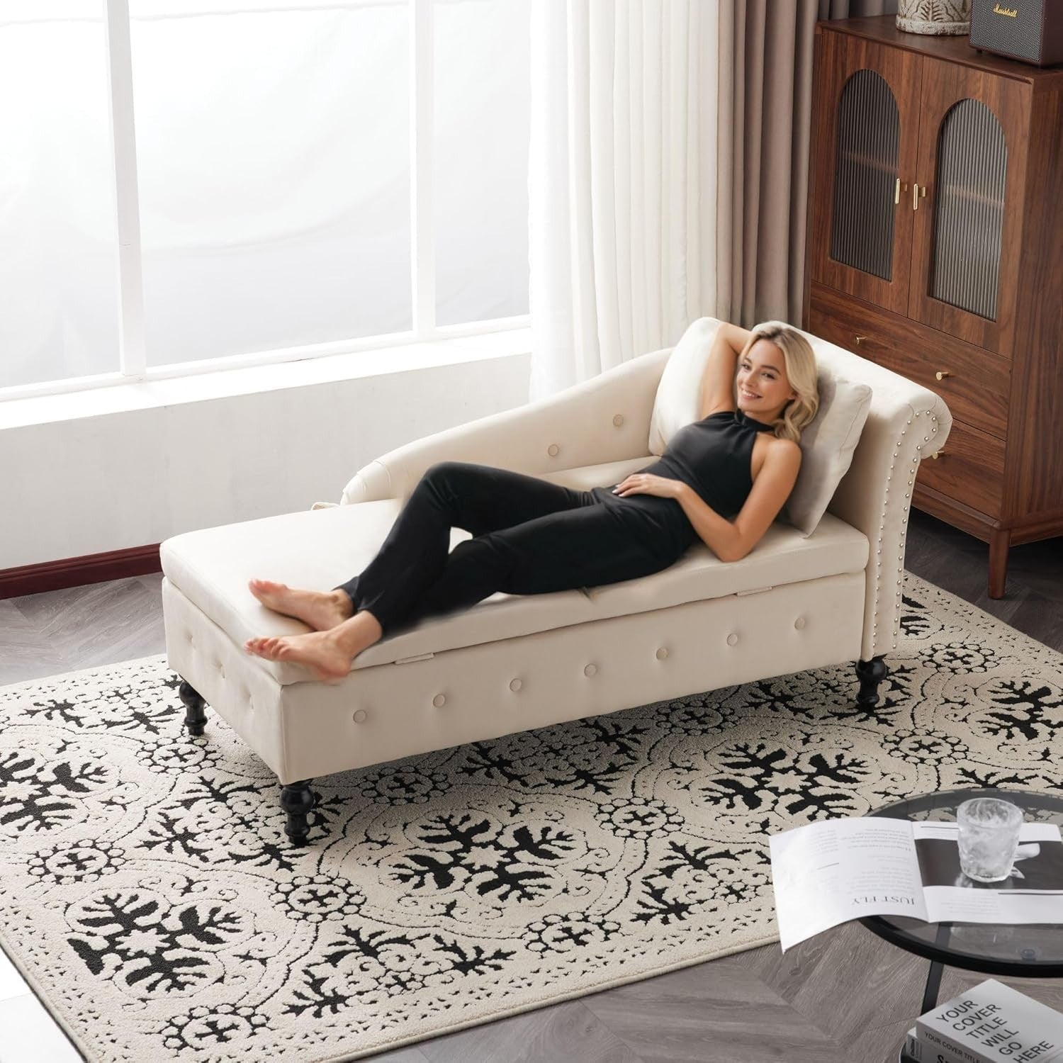Velvet Chaise Lounge Sofa with Storage & Pillow, Button Tufted, Beige