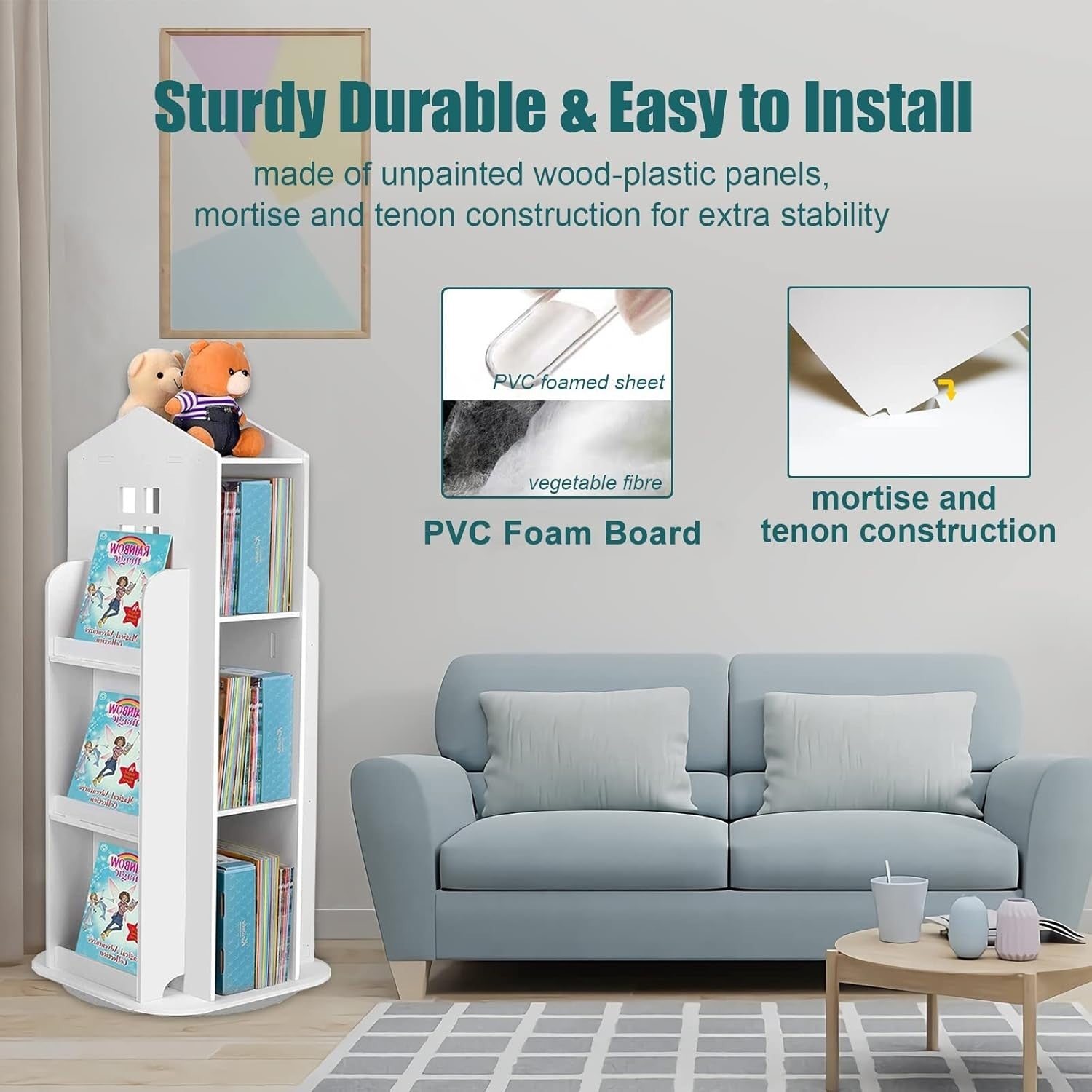360° Rotating 3-Tier Kids Bookshelf – House Shape, Space Saving Storage