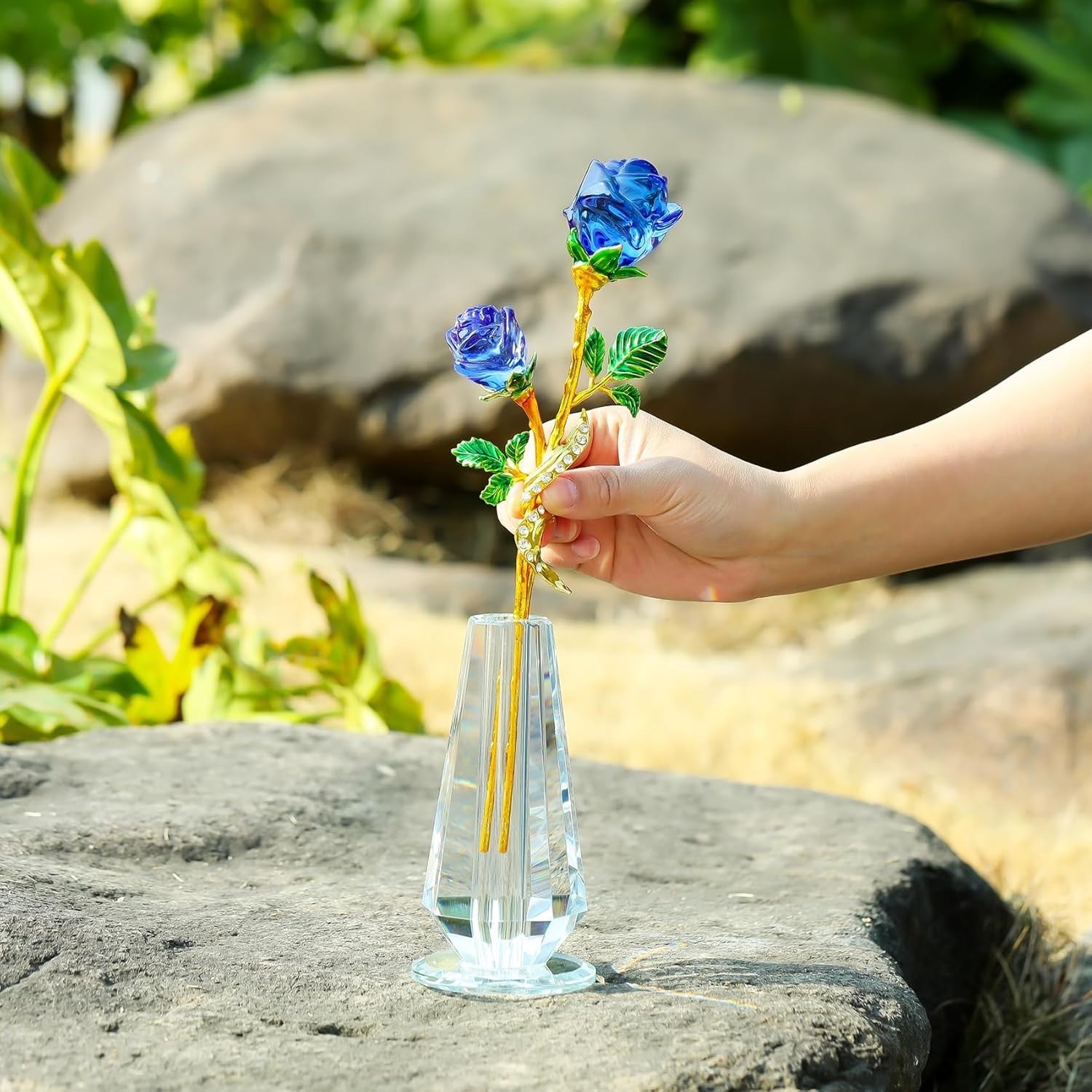 Blue Crystal Rose Flower Figurine with Vase – Luxury Glass Ornament Gift Decor