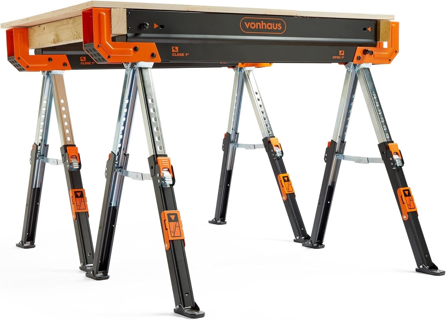 Heavy Duty Folding Sawhorse Twin Pack 1178kg Load 9-Height Adjustable Stands