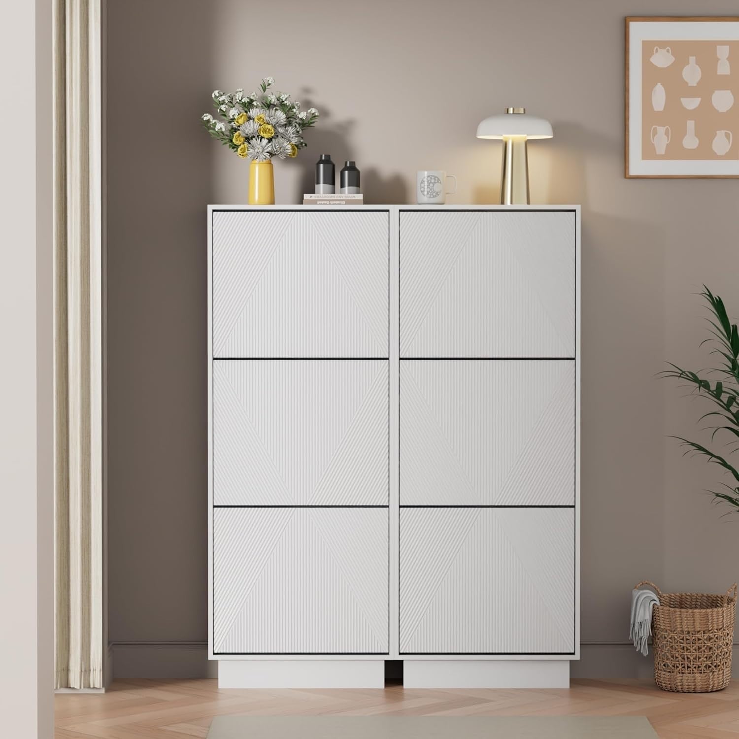 White Slim Shoe Cabinet Storage | 3 Flip Drawers, Anti-Tip, 131cm Tall