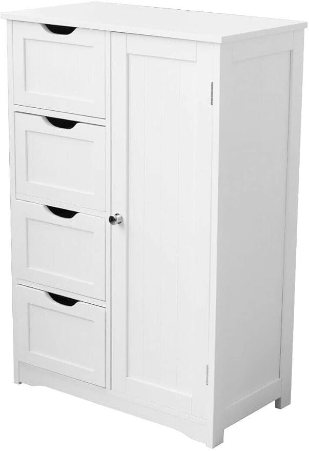White Wooden Bathroom Cabinet with 4 Drawers & 1 Door, Floor Storage Cupboard