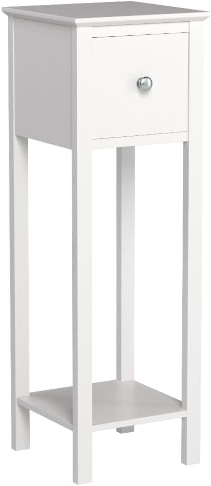 White Slim Bedside Tables Set of 2, Narrow Nightstands with Drawer & Shelf 25x25