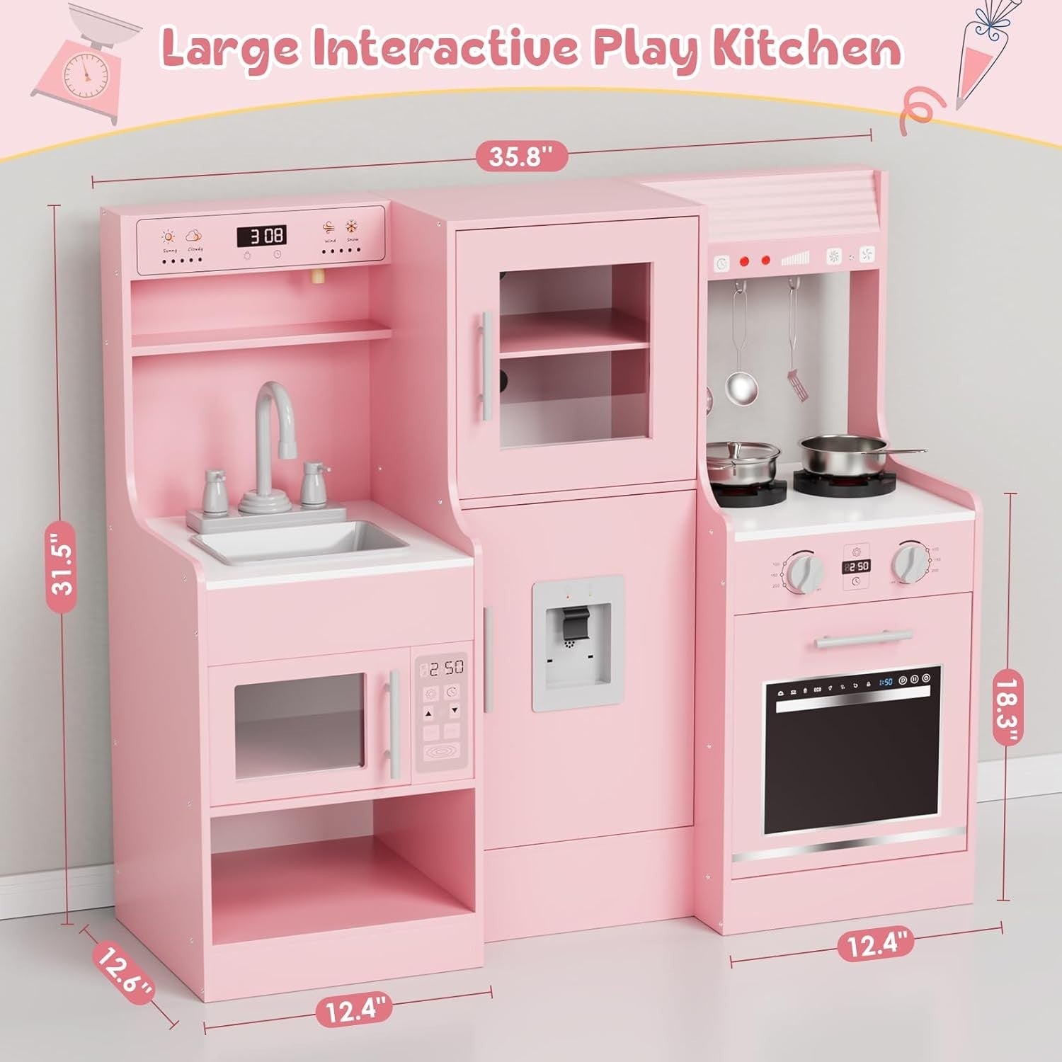 Large Wooden Kids Play Kitchen Pink Lights Sounds Toy Cooking Set